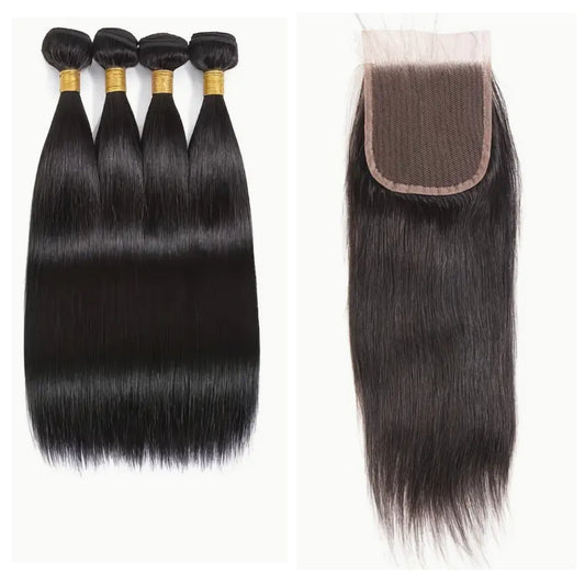 Straight Virgin Human Hair Bundles - 4 Bundles & Lace Closure 6x6 HD