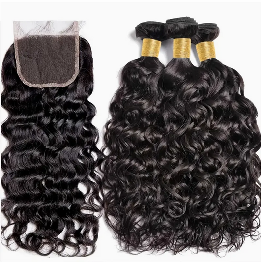 Water Wave Virgin Human Hair Bundles - 3 Bundles & Lace Closure 4x4 HD