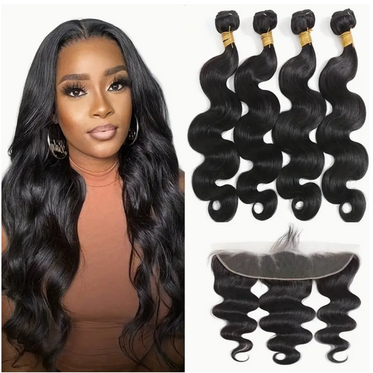 Body Wave Virgin Human Hair Bundles - 4 Bundles & Lace Frontal 13x4 transparent