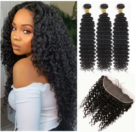 Deep Wave Virgin Human Hair Bundles - 3 Bundles & Lace Frontal - 13x6 HD