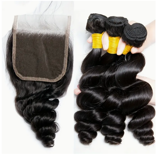 Loose Wave Virgin Human Hair Bundles - 4 Bundles & Lace Closure 4x4 transparent