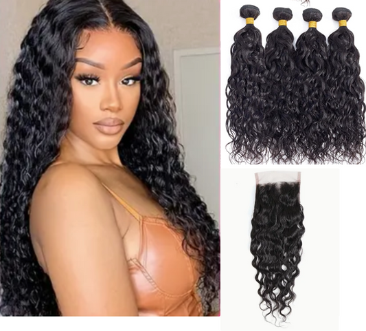 Water Wave Human Hair Bundles - 4 Bundles & Lace Closure 6x6 HD