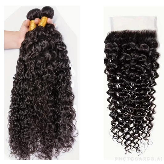 Curly Virgin Human Hair Bundles - 4 Bundles & Lace Closure 4x4 HD