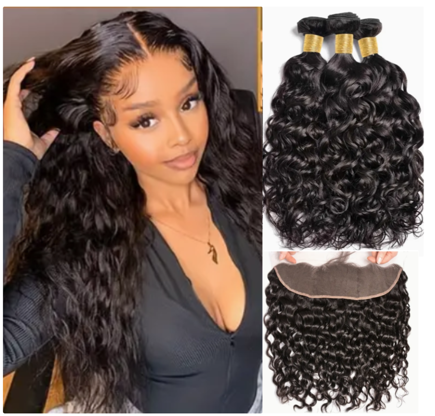 Water Wave Virgin Human Hair Bundles - 3 Bundles & Lace Frontal 13x4 HD