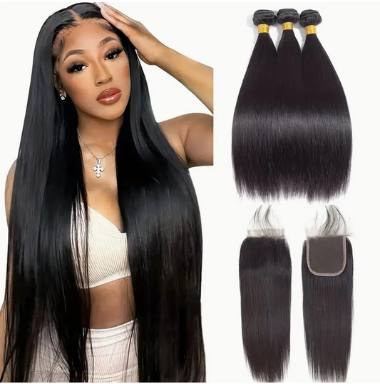 Straight Virgin Human Hair Bundles - 3 Bundles & Lace Closure 4x4 HD