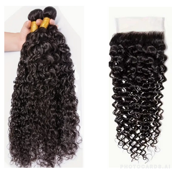 Curly Virgin Human Hair Bundles - 4 Bundles & Lace Closure 6x6 HD