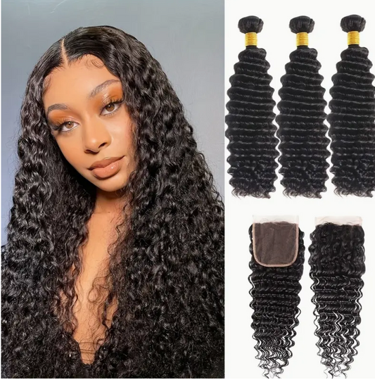 Deep Wave Virgin Human Hair Bundles - 3 Bundles & Lace Closure 5x5 HD