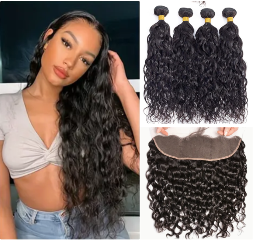 Water Wave Virgin Human Hair Bundles - 4 Bundles & Lace Frontal 6x6 HD