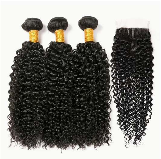 Curly Virgin Human Hair Bundles - 3 Bundles & Lace Closure 4x4 HD