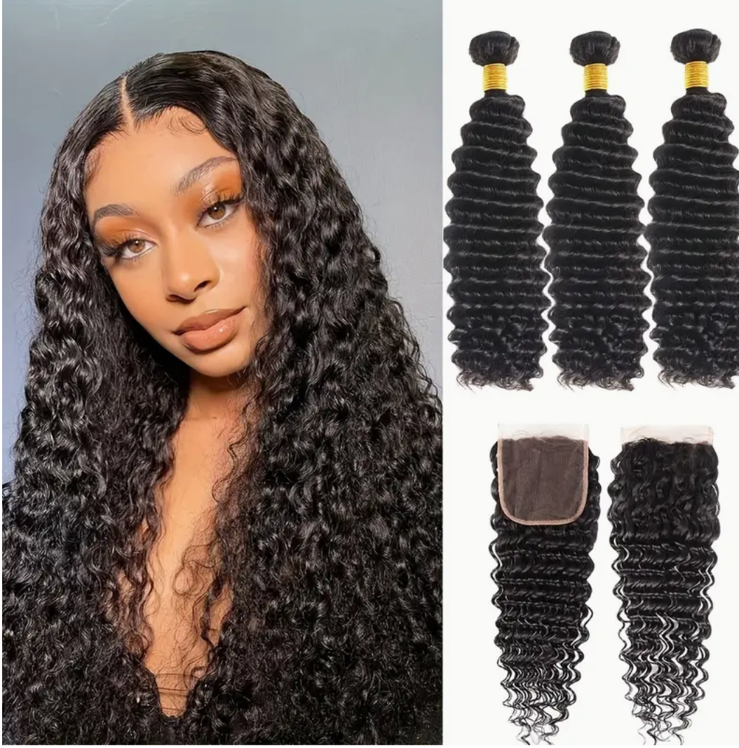 Deep Wave Virgin Human Hair Bundles - 4 Bundles & Lace Closure 6x6 HD