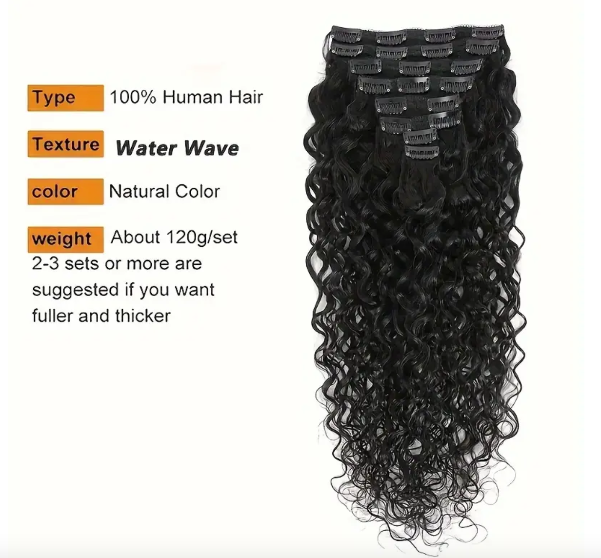 Water Wave Human Hair Clip In Extensions