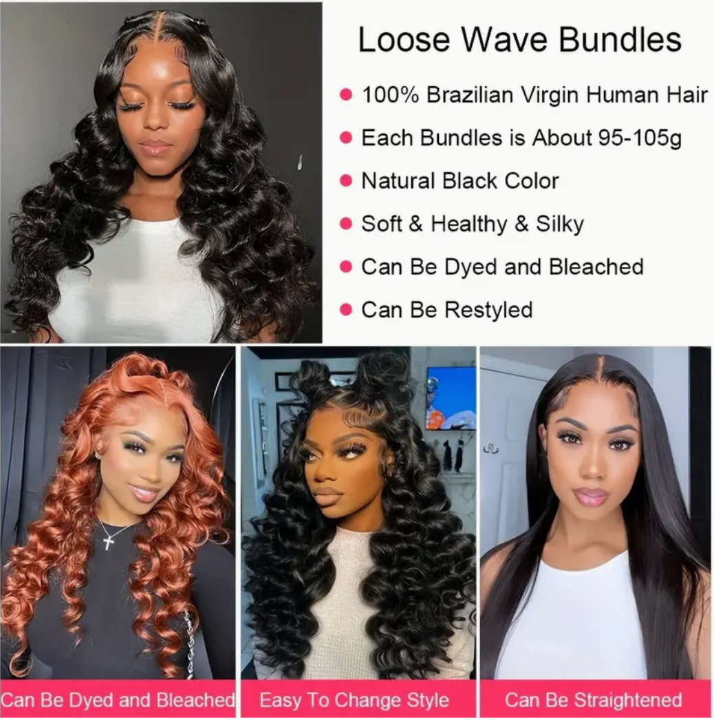 Loose Wave Virgin Human Hair Bundles - 3 Bundles & Lace Frontal - 13x4 transparent