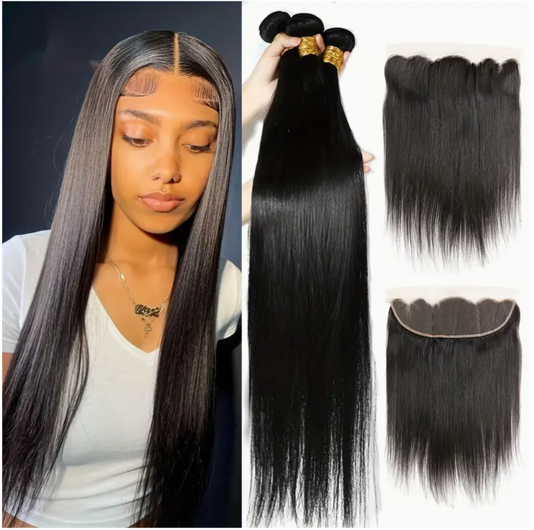 Straight Virgin Human Hair Bundles - 3 Bundles & Lace Frontal 13x4 HD