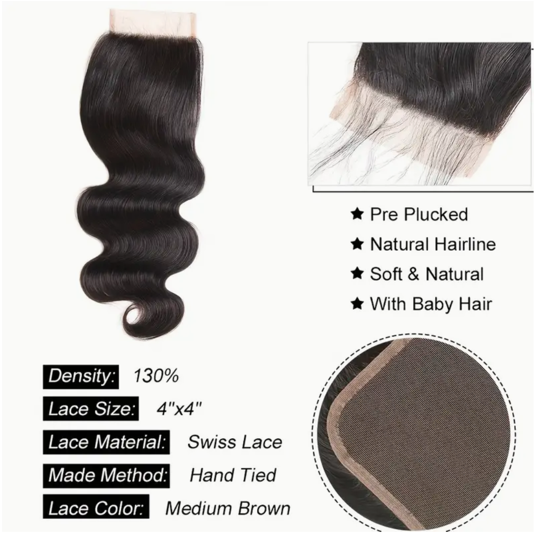 Body Wave Virgin Human Hair Bundles - 3 Bundles & Lace Closure 4x4 HD