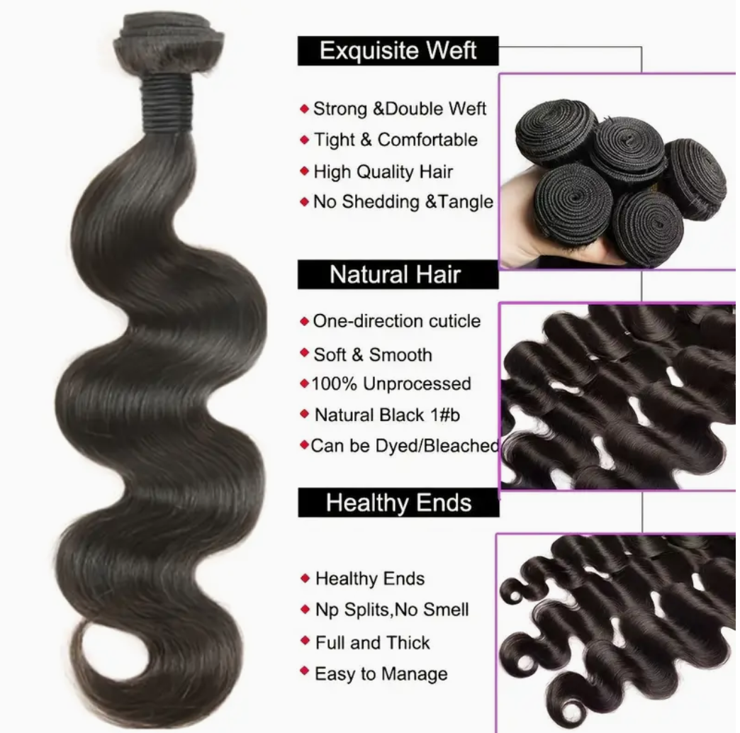 Body Wave Virgin Human Hair Bundles - 4 Bundles & Lace Closure 6x6 HD