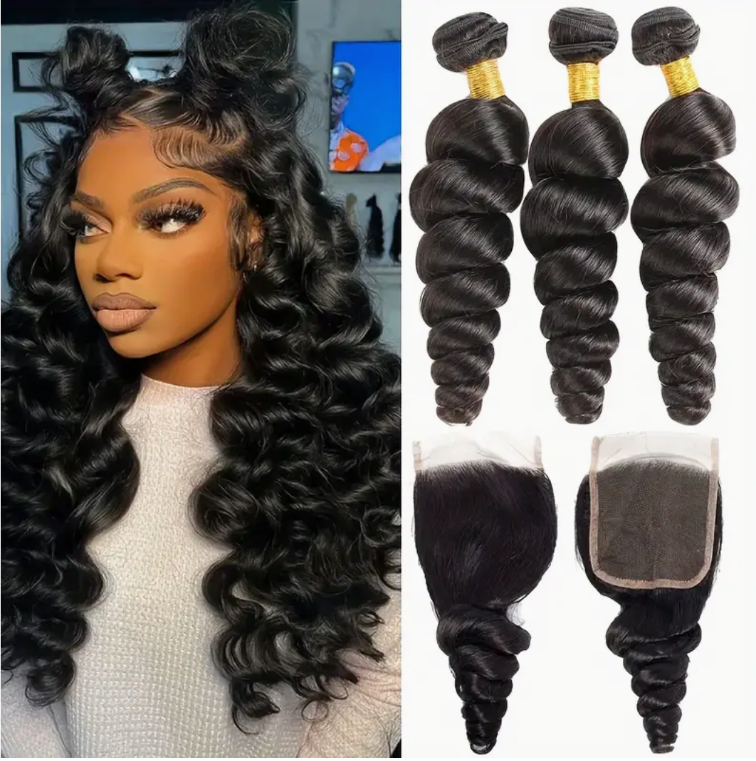 Loose Wave Virgin Human Hair Bundles - 4 Bundles & Lace Closure 4x4 transparent