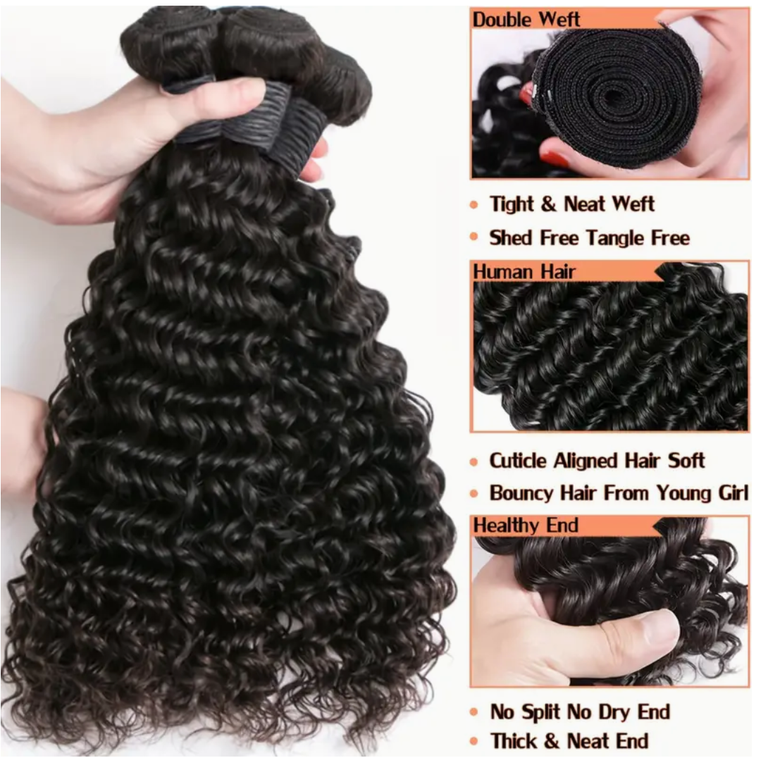 Deep Wave Virgin Human Hair Bundles - 3 Bundles & Lace Frontal - 7x7 HD