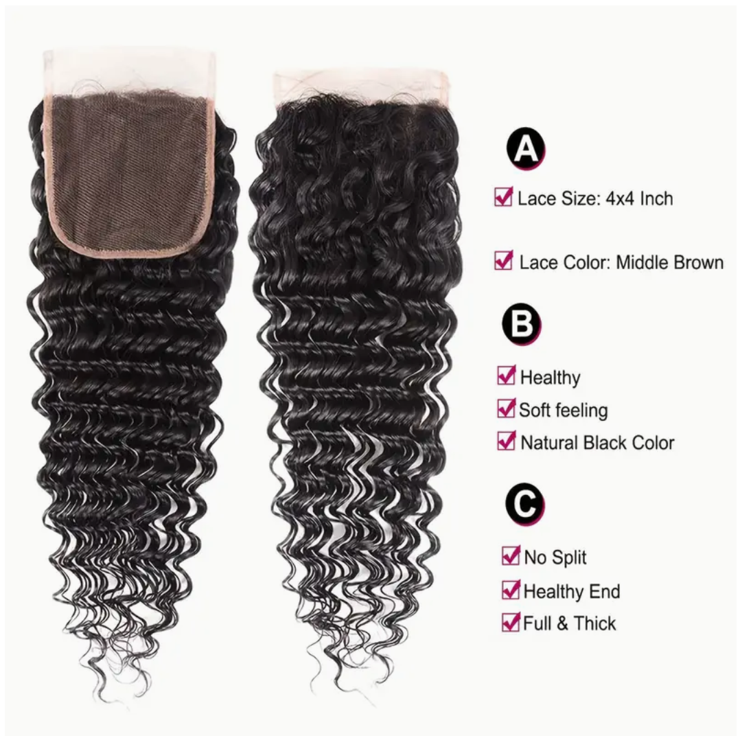 Deep Wave Virgin Human Hair Bundles - 3 Bundles & Lace Closure 5x5 HD