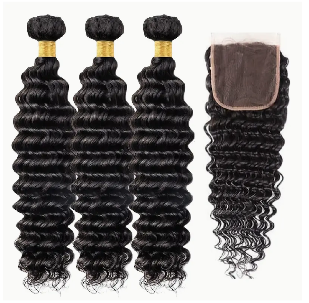 Deep Wave Virgin Human Hair Bundles - 3 Bundles & Lace Closure 4x4 HD