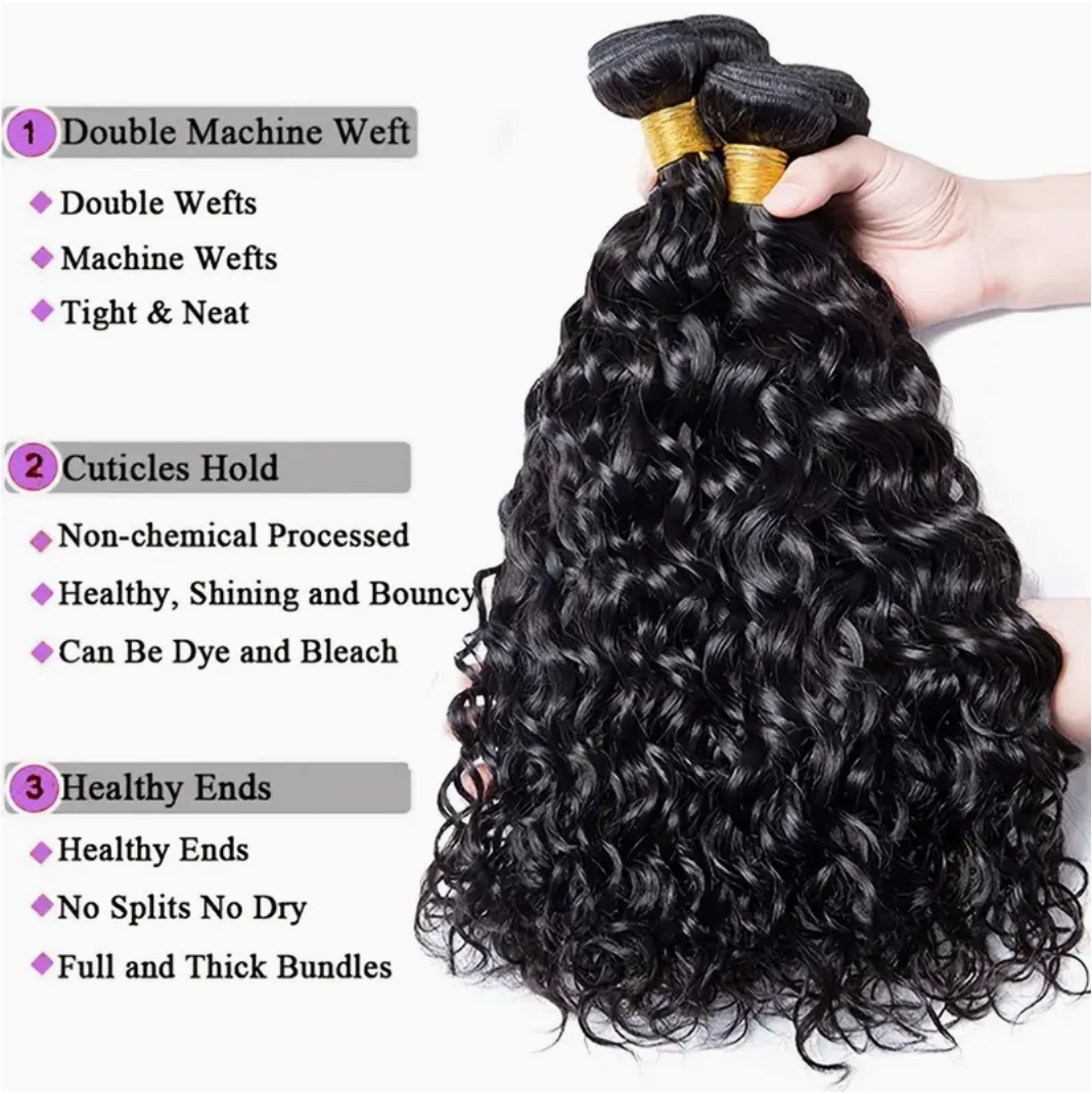 Water Wave Virgin Human Hair Bundles - 3 Bundles & Lace Closure 5x5 HD