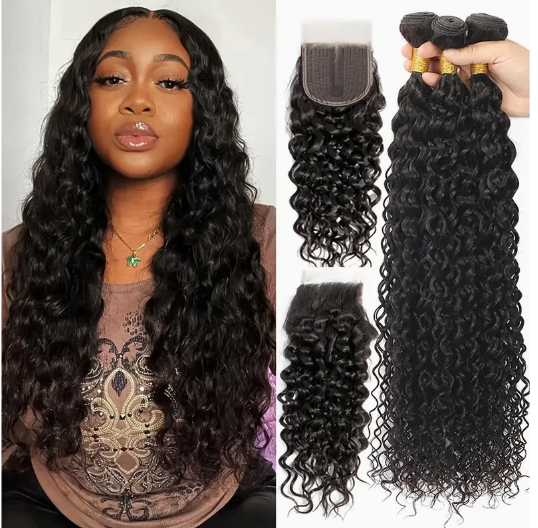 Water Wave Virgin Human Hair Bundles - 3 Bundles & Lace Closure 4x4 transparent