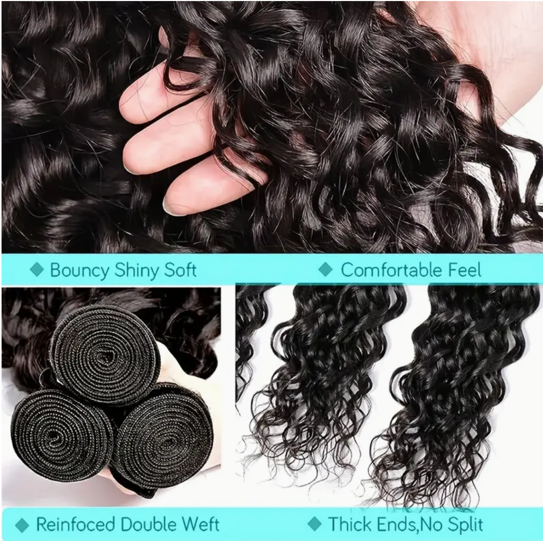 Water Wave Virgin Human Hair Bundles - 4 Bundles & Lace Frontal 6x6 HD